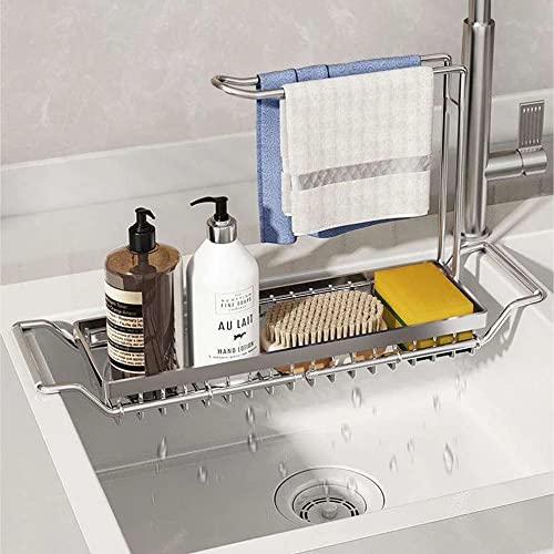 iBigLY Sponge Holder for Kitchen Sink, Telescopic Sink Storage Rack, Expandable (15.5"-21.3") Sink Caddy Organizer with Dishcloth Towel Holder, Stainless Steel Over Sink Holder for Home