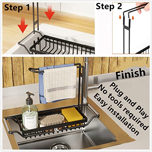 iBigLY Sponge Holder for Kitchen Sink, Telescopic Sink Storage Rack, Expandable (15.5"-21.3") Sink Caddy Organizer with Dishcloth Towel Holder, Stainless Steel Over Sink Holder for Home