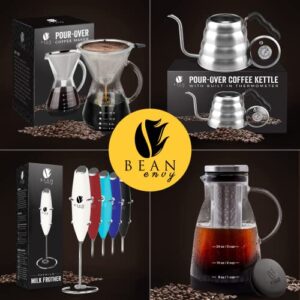 Bean Envy Handheld Milk Frother for Coffee - Electric Hand Blender, Mini Drink Mixer Whisk & Coffee Foamer Wand w/Stand for Lattes, Matcha and Hot Chocolate - Kitchen Gifts - Black