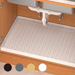 maryha under sink mat for kitchen cabinet – waterproof silicone proctor tray for leaks, drips, spills – flexible shelf liner with raised edge and drain hole for kitchen, bathroom – 34″ x 22″ white