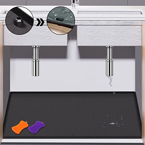 Waterproof Under Sink Mat, 34" x 22" Silicone Under Sink Liner Cabinet Mat Protector/Drips Leaks Spills Tray for Kitchen Bathroom (Hold up to 3.3 Gallons Liquid,Black)