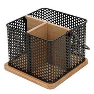 nikky home utensil caddy, black metal caddy with 3 compartments, mesh flatware holder organizer with wooden handle perfect for home, kitchen, countertop, party, camping, outdoor and restaurant