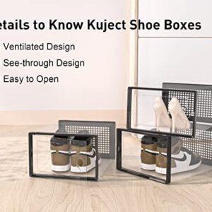 Kuject Large Shoe Organizer Storage Boxes for Closet, Fit Size 11, Clear Plastic Stackable Sneaker Containers Bins with Lids, Great Substitute for Shoe Rack, Space Saving for Entryway, Black, 12 Pack