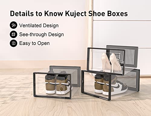 Kuject Large Shoe Organizer Storage Boxes for Closet, Fit Size 11, Clear Plastic Stackable Sneaker Containers Bins with Lids, Great Substitute for Shoe Rack, Space Saving for Entryway, Black, 12 Pack