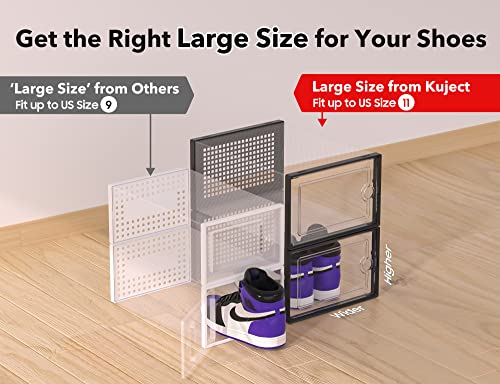 Kuject Large Shoe Organizer Storage Boxes for Closet, Fit Size 11, Clear Plastic Stackable Sneaker Containers Bins with Lids, Great Substitute for Shoe Rack, Space Saving for Entryway, Black, 12 Pack