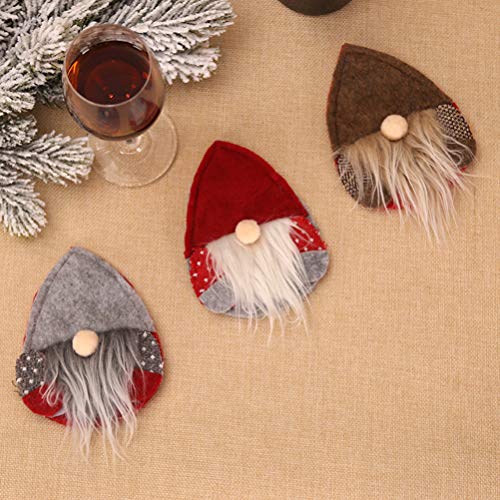 Amosfun Christmas Knife Spoon Holder Pocket Xmas Kitchen Cutlery Holder Silverware Holder Pouch Wine Bottle Cap Cover for Christmas Party (Grey Hat) 4 Pcs