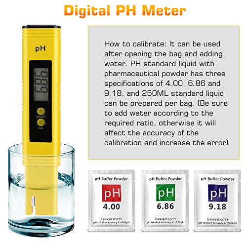 PH Meter for Water Hydroponics Digital PH Tester Pen 0.01 High Accuracy Pocket Size with 0-14 PH Measurement Range for Household Drinking, Pool and Aquarium (Yellow)