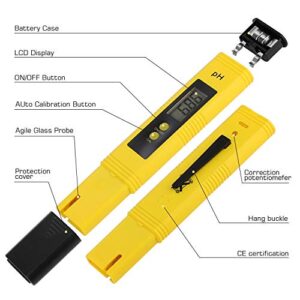 PH Meter for Water Hydroponics Digital PH Tester Pen 0.01 High Accuracy Pocket Size with 0-14 PH Measurement Range for Household Drinking, Pool and Aquarium (Yellow)