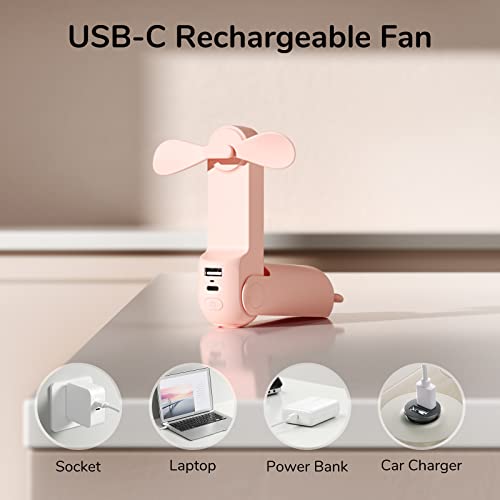 JISULIFE Handheld Mini Fan, 3 IN 1 Hand Fan, Portable USB Rechargeable Small Pocket Fan, Battery Operated Fan [14-21 Working Hours] with Power Bank, Flashlight Feature for Women,Travel,Outdoor-Pink, 1 Count (Pack of 1)