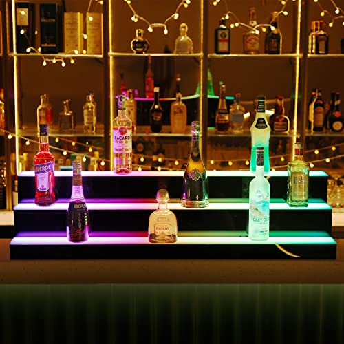 Cimcame Led Lighted Liquor Bottle Display with Remote Control, 48 Inch 3 Steps Countertop Illuminated Lighting Shelves for Home Commercial Bar Living Room Black