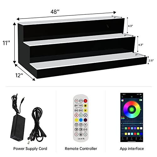 Cimcame Led Lighted Liquor Bottle Display with Remote Control, 48 Inch 3 Steps Countertop Illuminated Lighting Shelves for Home Commercial Bar Living Room Black