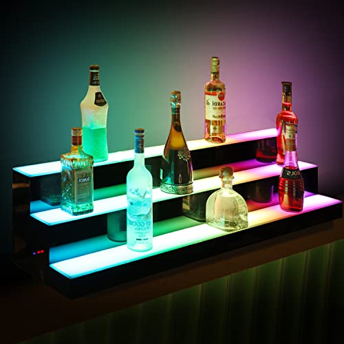 Cimcame Led Lighted Liquor Bottle Display with Remote Control, 48 Inch 3 Steps Countertop Illuminated Lighting Shelves for Home Commercial Bar Living Room Black