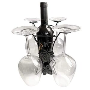 lily’s home wine bottle and glasses rack. counter or table top free standing holder for one wine bottle and four glasses. black