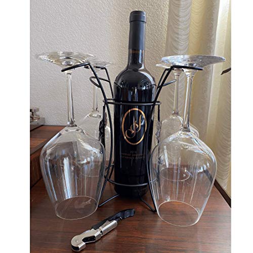 Lily's Home Wine Bottle and Glasses Rack. Counter or Table Top Free Standing Holder for One Wine Bottle and Four Glasses. Black