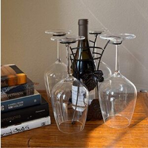 Lily's Home Wine Bottle and Glasses Rack. Counter or Table Top Free Standing Holder for One Wine Bottle and Four Glasses. Black