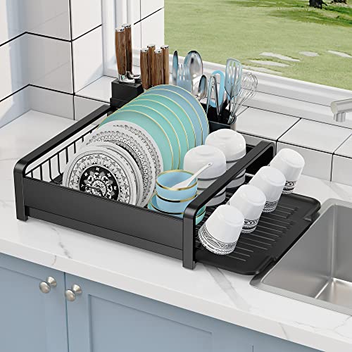 Nieifi Over The Sink Dish Drying Rack One Tier,Multifunctional Rust Proof Dish Rack with Utensil Holder for Kitchen Counter,Drying Rack with Removable Cutlery Box and Water Filter Tray Black