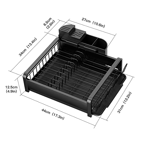 Nieifi Over The Sink Dish Drying Rack One Tier,Multifunctional Rust Proof Dish Rack with Utensil Holder for Kitchen Counter,Drying Rack with Removable Cutlery Box and Water Filter Tray Black