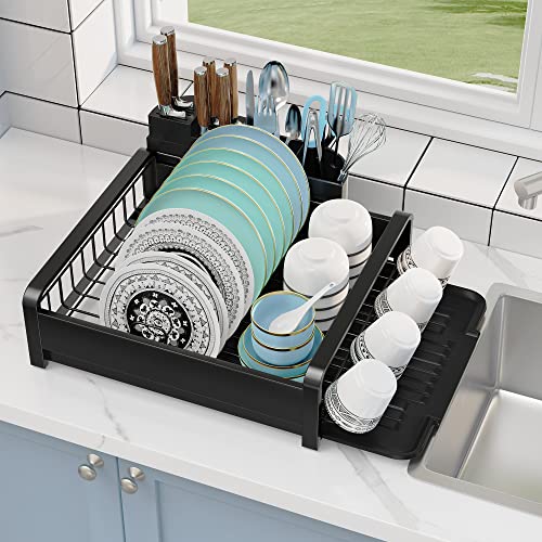 Nieifi Over The Sink Dish Drying Rack One Tier,Multifunctional Rust Proof Dish Rack with Utensil Holder for Kitchen Counter,Drying Rack with Removable Cutlery Box and Water Filter Tray Black