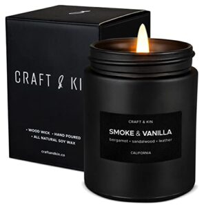 scented candles for men | smoke and vanilla candle for men | soy candles, long lasting candles, home decor | masculine candle, wood wicked candles, spring candles | vanilla candle in black jar