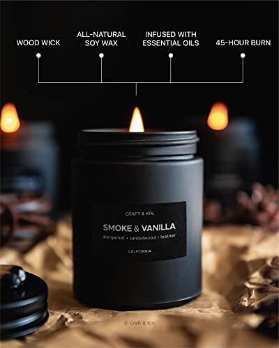 Scented Candles for Men | Smoke and Vanilla Candle for Men | Soy Candles, Long Lasting Candles, Home Decor | Masculine Candle, Wood Wicked Candles, Spring Candles | Vanilla Candle in Black Jar