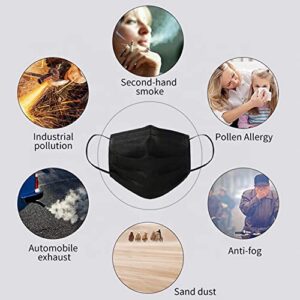 Zoushen Face Mask 100PCS Adult Black Disposable Masks 3-Layer Filter Protection Breathable Dust Face Masks with Elastic Ear Loop for Men Women