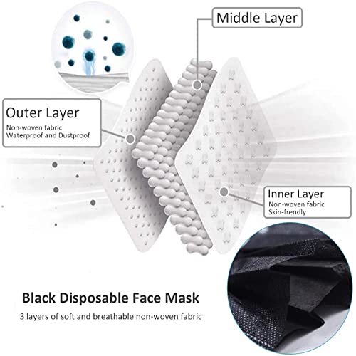 Zoushen Face Mask 100PCS Adult Black Disposable Masks 3-Layer Filter Protection Breathable Dust Face Masks with Elastic Ear Loop for Men Women