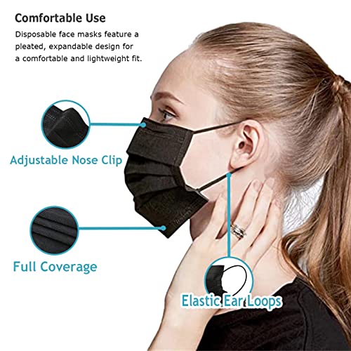Zoushen Face Mask 100PCS Adult Black Disposable Masks 3-Layer Filter Protection Breathable Dust Face Masks with Elastic Ear Loop for Men Women