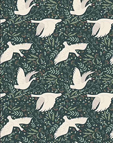 17.3"x 236.2" Wildwood Peel and Stick Wallpaper, Green Leaf and White Swan Removable Wallpaper Flying Swan Self-Adhesive Floral Wall Paper Home Deco Contact Paper for Cabinets Furniture Bedroom