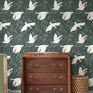 17.3"x 236.2" Wildwood Peel and Stick Wallpaper, Green Leaf and White Swan Removable Wallpaper Flying Swan Self-Adhesive Floral Wall Paper Home Deco Contact Paper for Cabinets Furniture Bedroom