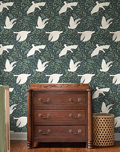 17.3"x 236.2" Wildwood Peel and Stick Wallpaper, Green Leaf and White Swan Removable Wallpaper Flying Swan Self-Adhesive Floral Wall Paper Home Deco Contact Paper for Cabinets Furniture Bedroom