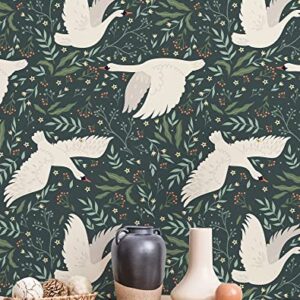 17.3"x 236.2" Wildwood Peel and Stick Wallpaper, Green Leaf and White Swan Removable Wallpaper Flying Swan Self-Adhesive Floral Wall Paper Home Deco Contact Paper for Cabinets Furniture Bedroom