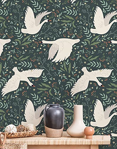 17.3"x 236.2" Wildwood Peel and Stick Wallpaper, Green Leaf and White Swan Removable Wallpaper Flying Swan Self-Adhesive Floral Wall Paper Home Deco Contact Paper for Cabinets Furniture Bedroom