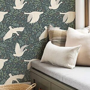 17.3"x 236.2" Wildwood Peel and Stick Wallpaper, Green Leaf and White Swan Removable Wallpaper Flying Swan Self-Adhesive Floral Wall Paper Home Deco Contact Paper for Cabinets Furniture Bedroom