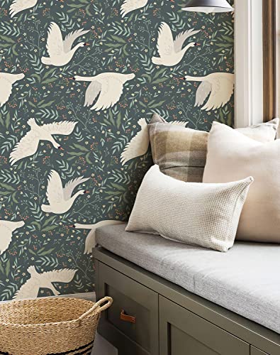 17.3"x 236.2" Wildwood Peel and Stick Wallpaper, Green Leaf and White Swan Removable Wallpaper Flying Swan Self-Adhesive Floral Wall Paper Home Deco Contact Paper for Cabinets Furniture Bedroom