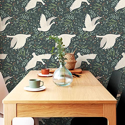 17.3"x 236.2" Wildwood Peel and Stick Wallpaper, Green Leaf and White Swan Removable Wallpaper Flying Swan Self-Adhesive Floral Wall Paper Home Deco Contact Paper for Cabinets Furniture Bedroom