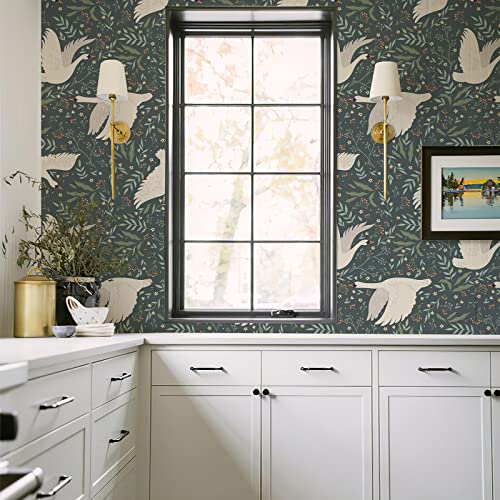 17.3"x 236.2" Wildwood Peel and Stick Wallpaper, Green Leaf and White Swan Removable Wallpaper Flying Swan Self-Adhesive Floral Wall Paper Home Deco Contact Paper for Cabinets Furniture Bedroom