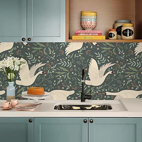 17.3"x 236.2" Wildwood Peel and Stick Wallpaper, Green Leaf and White Swan Removable Wallpaper Flying Swan Self-Adhesive Floral Wall Paper Home Deco Contact Paper for Cabinets Furniture Bedroom