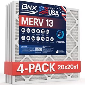 bnx 20x20x1 merv 13 ac furnace air filter 4 pack – made in usa – electrostatic pleated air conditioner hvac ac furnace filters – removes pollen, mold, bacteria, smoke