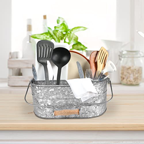 Light & Pro Multipurpose Galvanized Rustic Farmhouse Caddy - Metal 4 Compartment Storage Bin Caddy With Wooden Handle Perfect For Kitchen Utensils, Picnic, Garden Planter - Hammered - Antique Grey