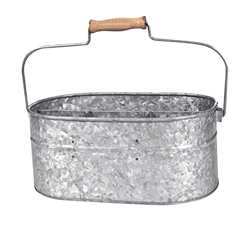 Light & Pro Multipurpose Galvanized Rustic Farmhouse Caddy - Metal 4 Compartment Storage Bin Caddy With Wooden Handle Perfect For Kitchen Utensils, Picnic, Garden Planter - Hammered - Antique Grey