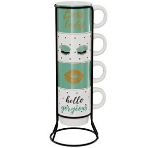 american atelier ceramic green multi-color mug & rack set – 4 cups & standing metal rack for kitchen countertop, tabletop, island, or café display – gift for tea & coffee lovers, 14 oz, boss lady