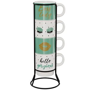 American Atelier Ceramic Green Multi-color Mug & Rack Set – 4 Cups & Standing Metal Rack for Kitchen Countertop, Tabletop, Island, or Café Display – Gift for Tea & Coffee Lovers, 14 oz, Boss Lady