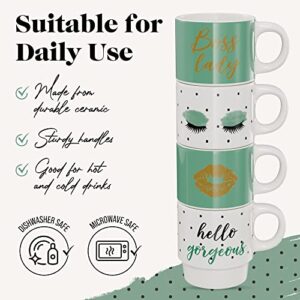 American Atelier Ceramic Green Multi-color Mug & Rack Set – 4 Cups & Standing Metal Rack for Kitchen Countertop, Tabletop, Island, or Café Display – Gift for Tea & Coffee Lovers, 14 oz, Boss Lady