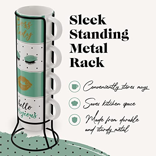 American Atelier Ceramic Green Multi-color Mug & Rack Set – 4 Cups & Standing Metal Rack for Kitchen Countertop, Tabletop, Island, or Café Display – Gift for Tea & Coffee Lovers, 14 oz, Boss Lady