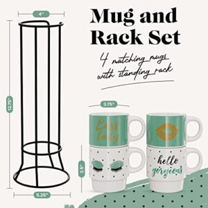 American Atelier Ceramic Green Multi-color Mug & Rack Set – 4 Cups & Standing Metal Rack for Kitchen Countertop, Tabletop, Island, or Café Display – Gift for Tea & Coffee Lovers, 14 oz, Boss Lady