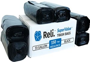 reli. easy grab trash bags, 55-60 gallon (150 count), made in usa | star seal super high density rolls (heavy duty can liners, garbage bags, bulk contractor bags 50, 55, 60 gallon capacity) – black