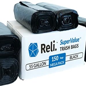 Reli. Easy Grab Trash Bags, 55-60 Gallon (150 Count), Made in USA | Star Seal Super High Density Rolls (Heavy Duty Can Liners, Garbage Bags, Bulk Contractor Bags 50, 55, 60 Gallon Capacity) - Black