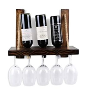 Charmont Wooden Rustic Wine Rack - Floating Wall Mounted Rope Hanging Wine & Glass Shelf, Perfect Home Bar Kitchen Storage Or Nautical Décor Wedding Gift (Burnt Dark Walnut Finish 3 Bottles & 5 Cups)