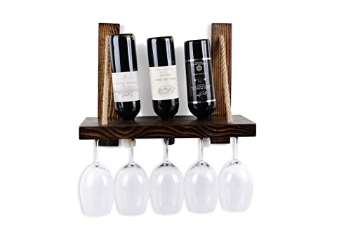 Charmont Wooden Rustic Wine Rack - Floating Wall Mounted Rope Hanging Wine & Glass Shelf, Perfect Home Bar Kitchen Storage Or Nautical Décor Wedding Gift (Burnt Dark Walnut Finish 3 Bottles & 5 Cups)