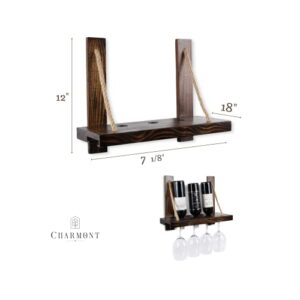 Charmont Wooden Rustic Wine Rack - Floating Wall Mounted Rope Hanging Wine & Glass Shelf, Perfect Home Bar Kitchen Storage Or Nautical Décor Wedding Gift (Burnt Dark Walnut Finish 3 Bottles & 5 Cups)